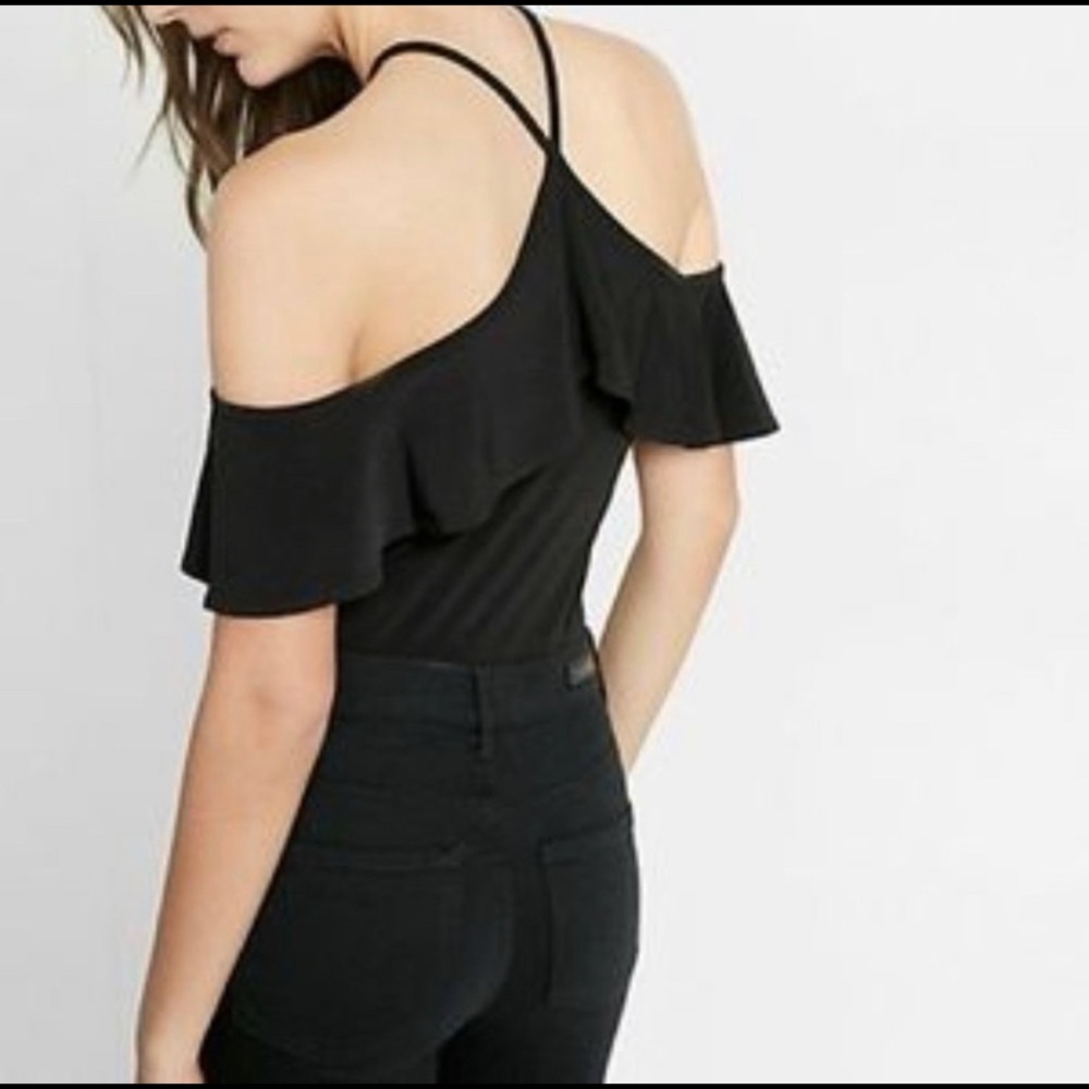 Black Cold Shoulder Halter Ruffle Tee - Picture 2 of 6